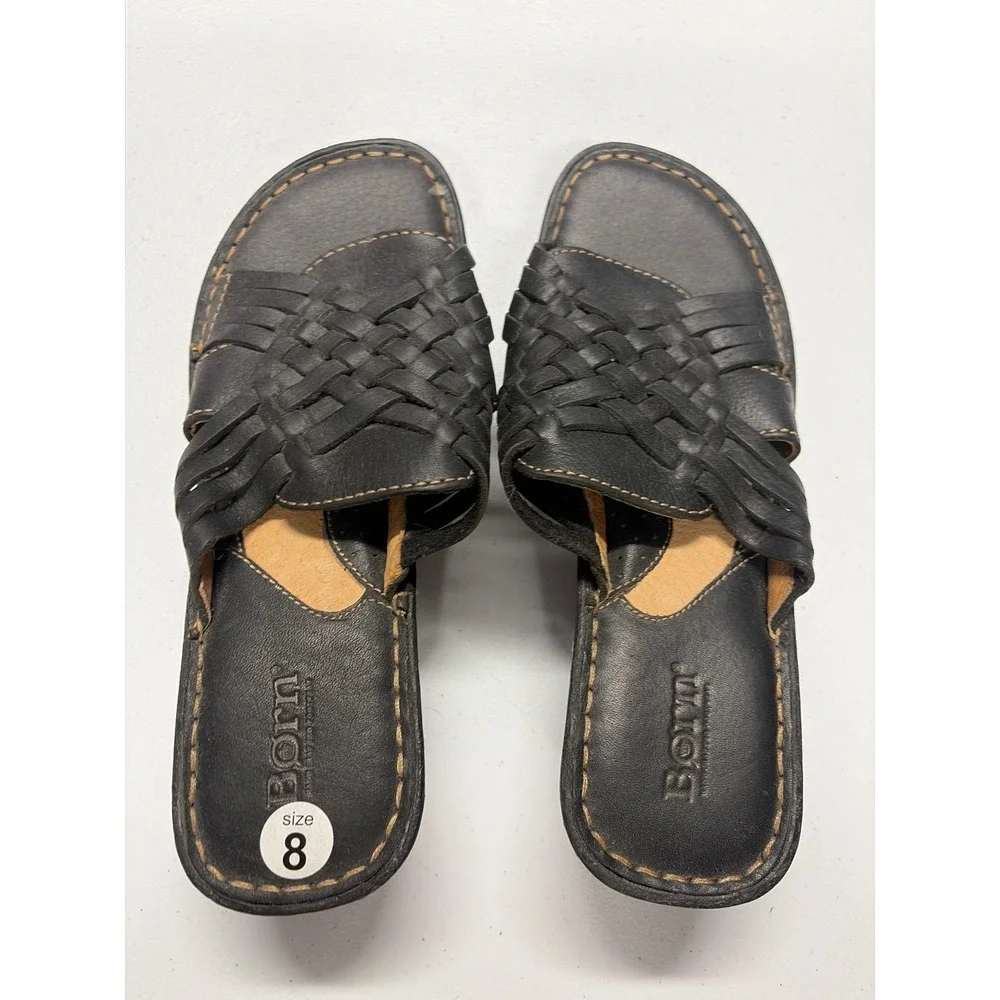 Born Black Leather Woven Huarache Platform Wedge Sandals Womens 8 Slide Shoes